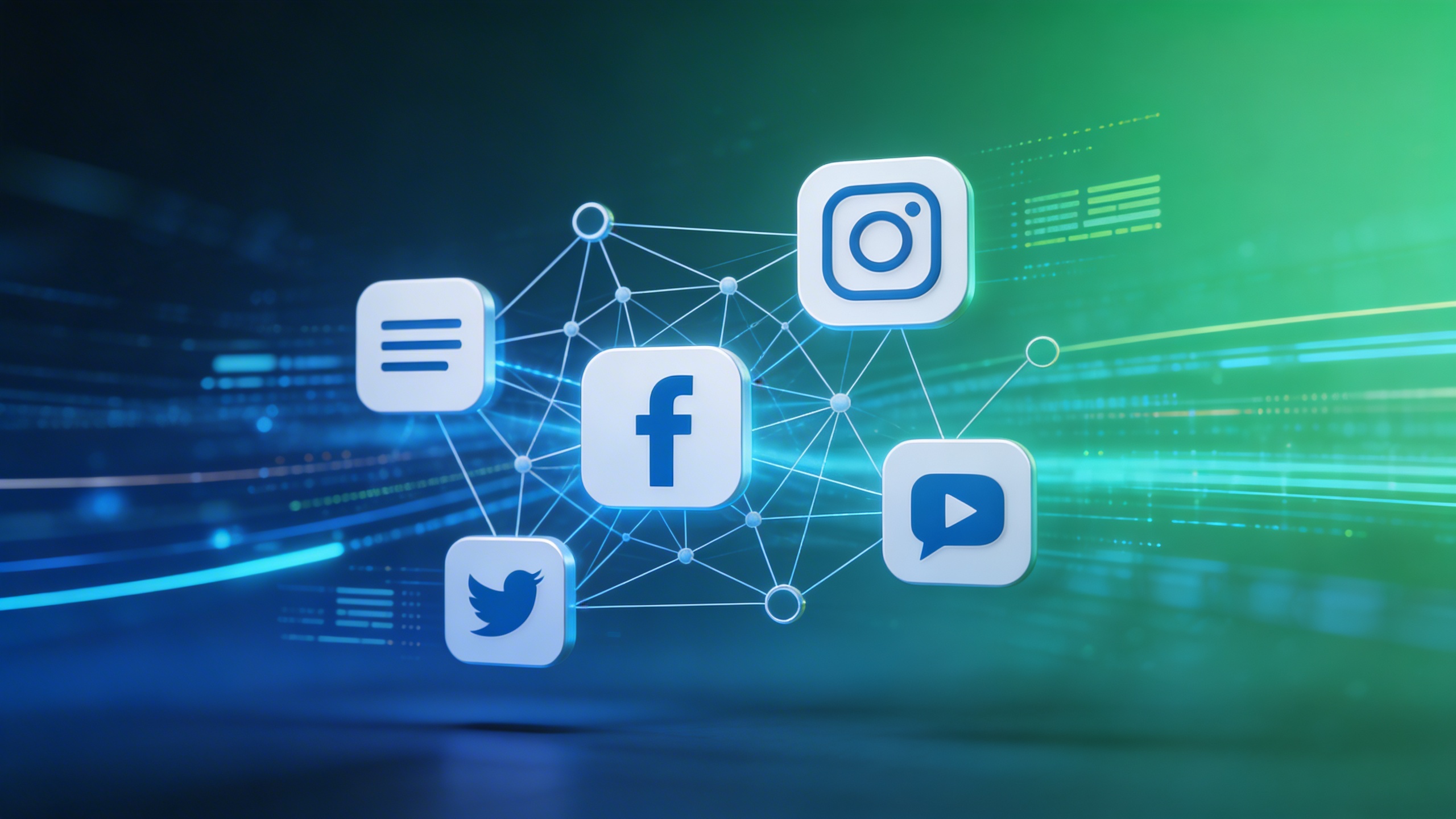 AI: A modern, minimalistic corporate image depicting the strategic relationship between social media and