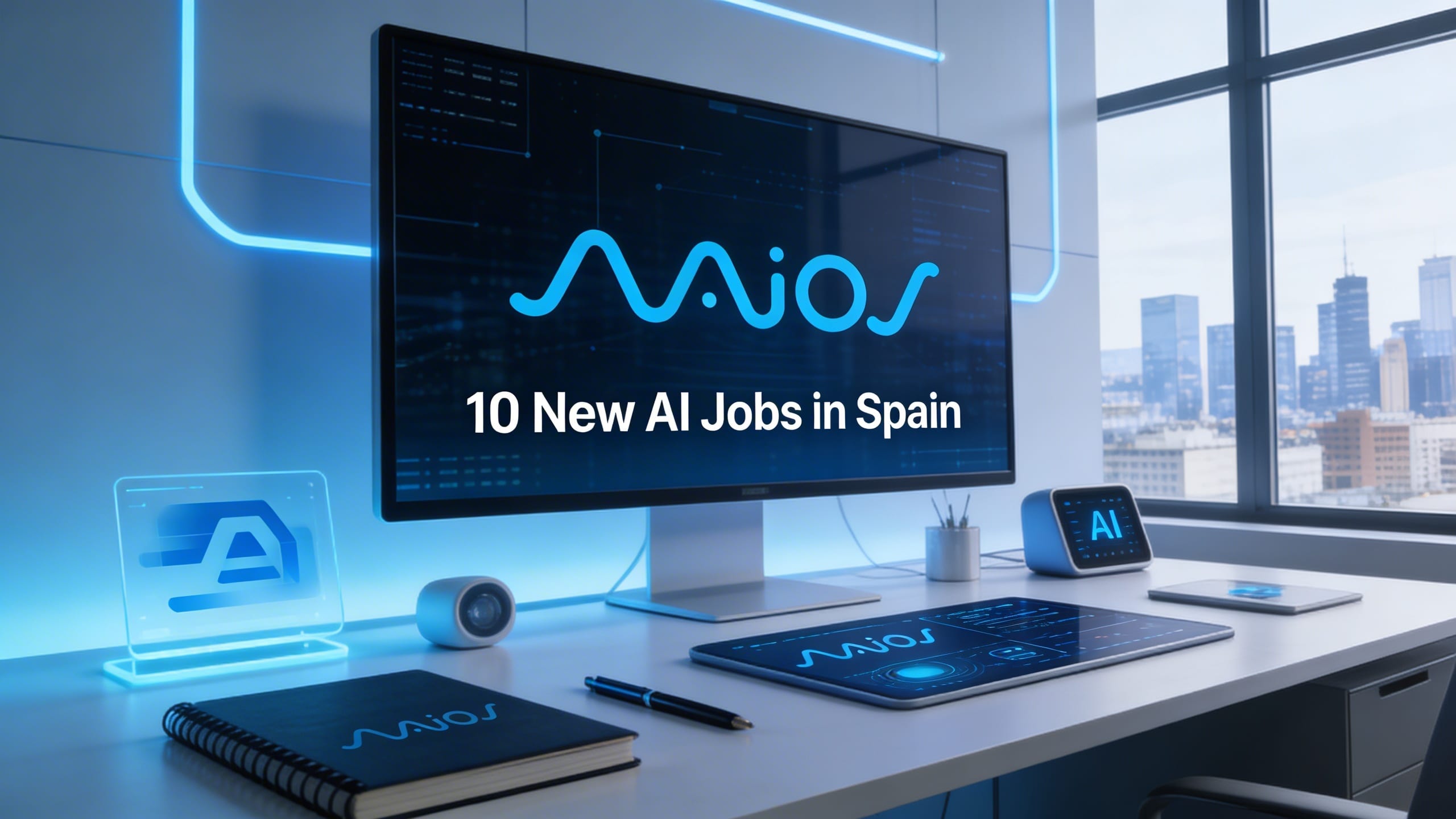 AI: Create an image depicting a modern workspace showcasing "10 New AI Jobs in Spain". Incorporate the l