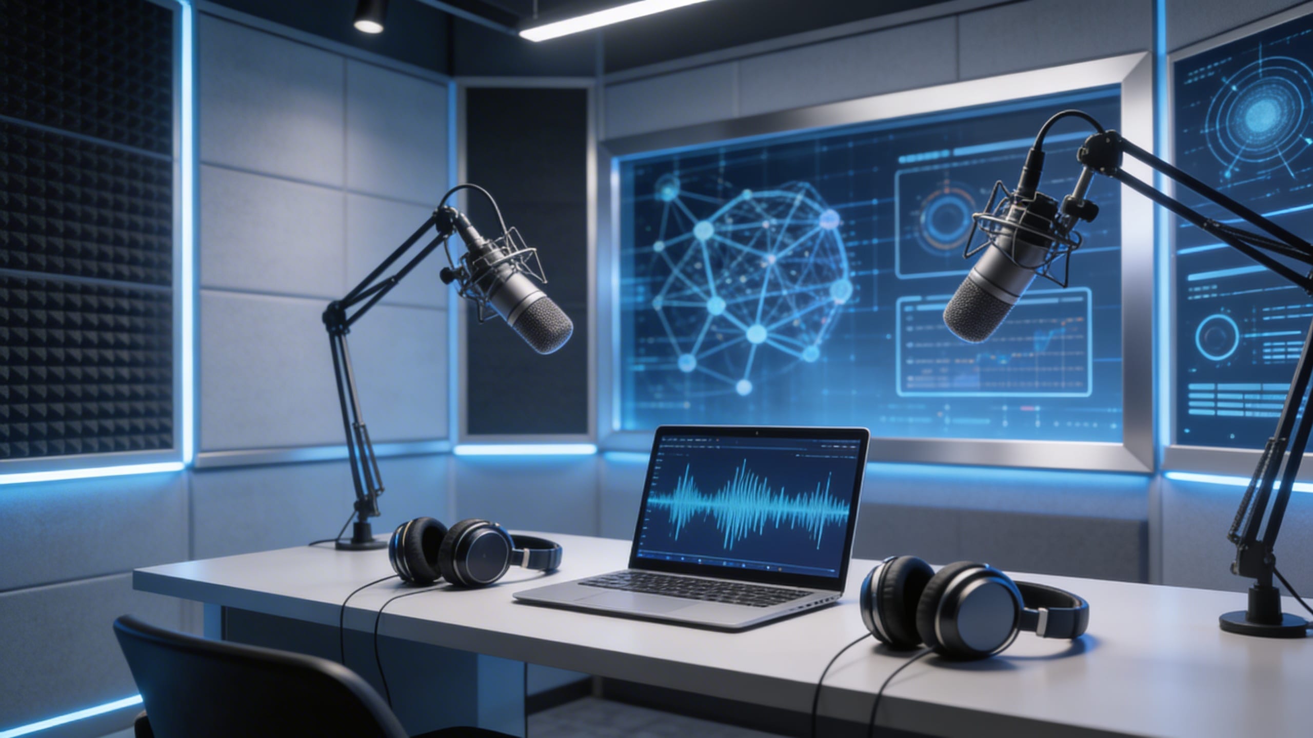 AI: A sleek, modern podcast studio setup featuring high-tech microphones and soundproof panels, with a s