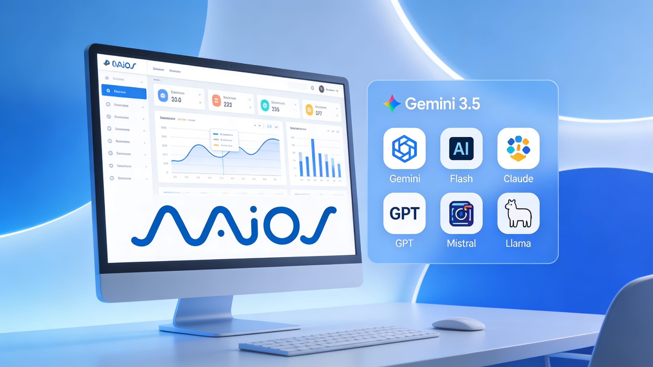 AI: Create an image that showcases a modern, digital workspace representing the NaiOS platform, emphasiz