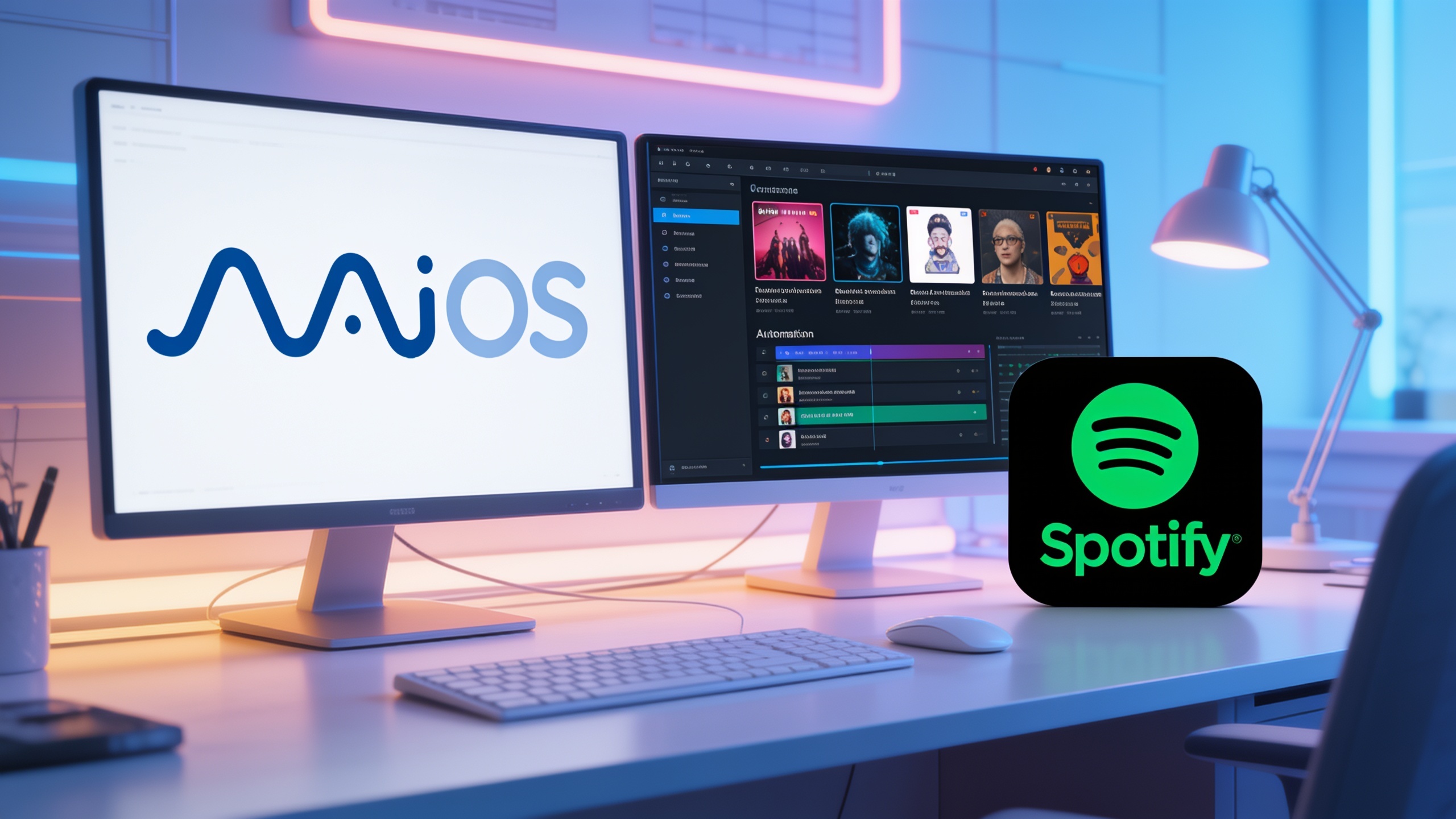 AI: Create an image that showcases the integration of NaiOS with Spotify. Incorporate the logo and brand