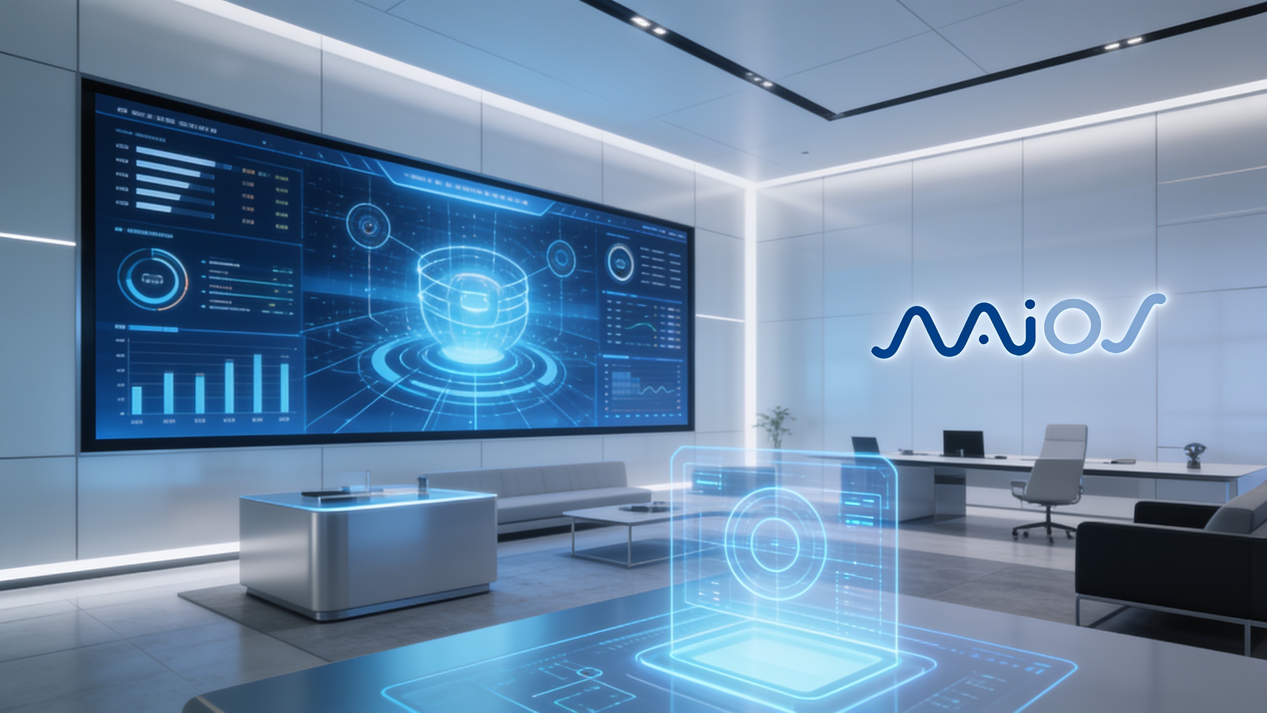 AI: A sleek, modern corporate office space featuring futuristic technology elements. The scene showcases