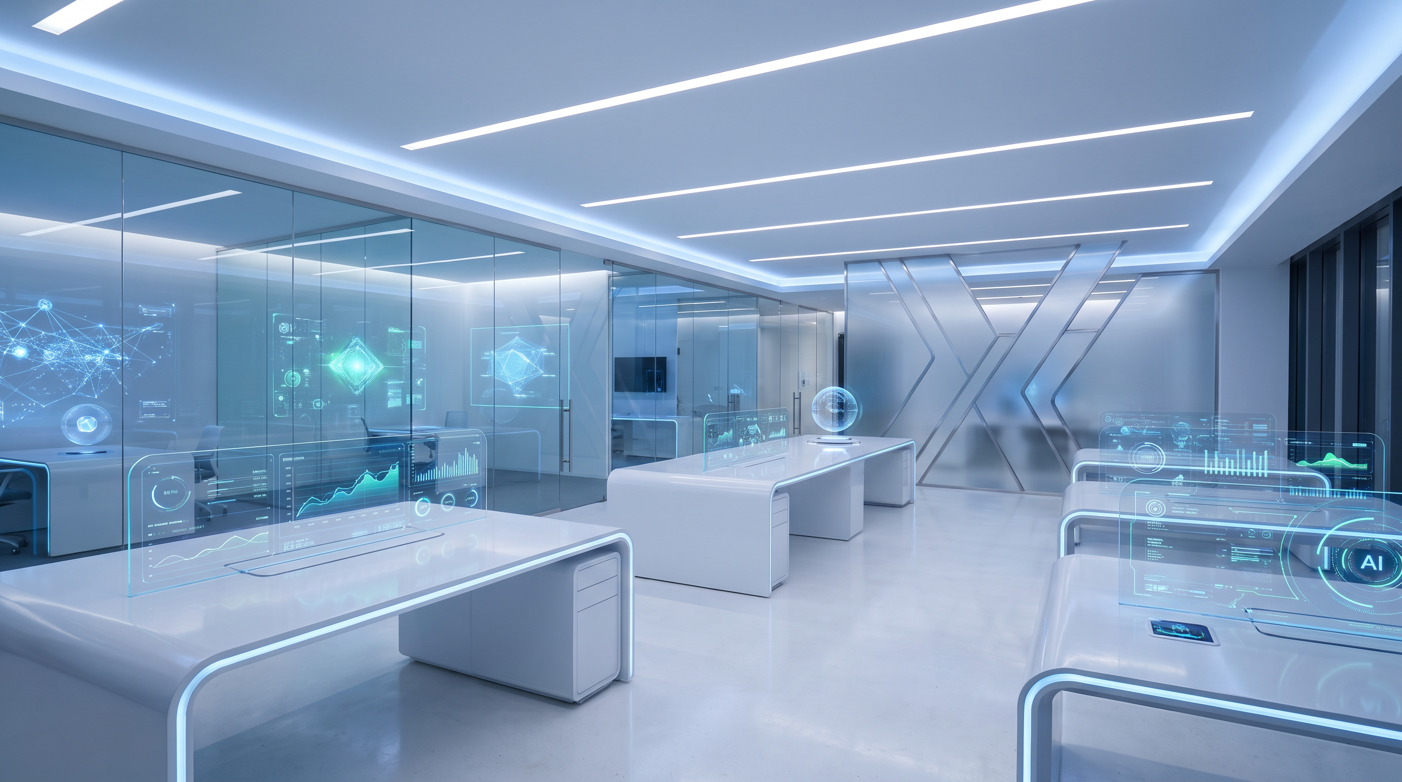 AI: A futuristic office space showcasing advanced AI technology, designed in a modern and minimalistic c