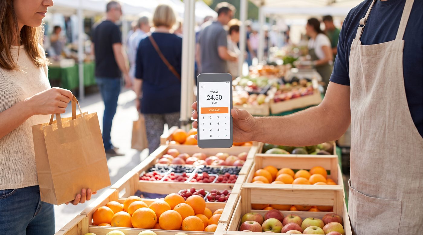 Cobro con NAiOS POS desde el móvil en un puesto de mercado: total en euros y botón Cobrar