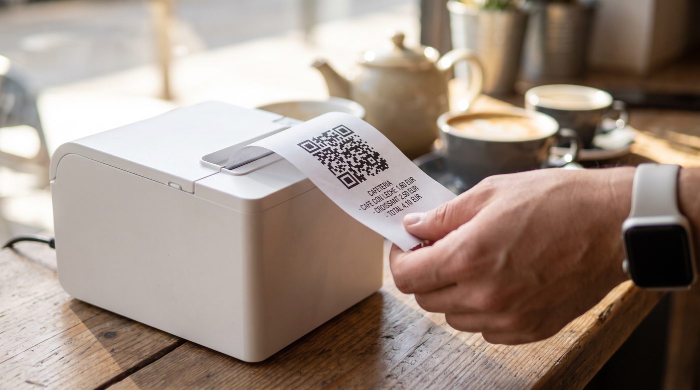 Ticket de NAiOS POS saliendo de la impresora térmica con su QR de cotejo AEAT