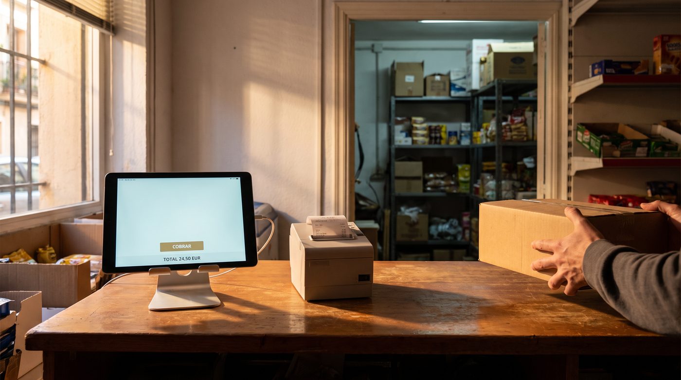 A neighborhood shop counter with a tablet till and the storeroom in the background