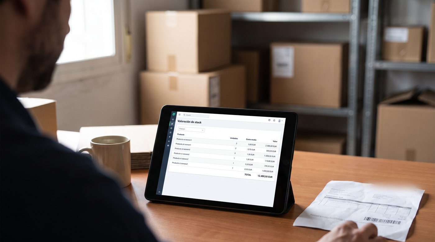Stock valuation report in euros on a tablet, in a small business warehouse