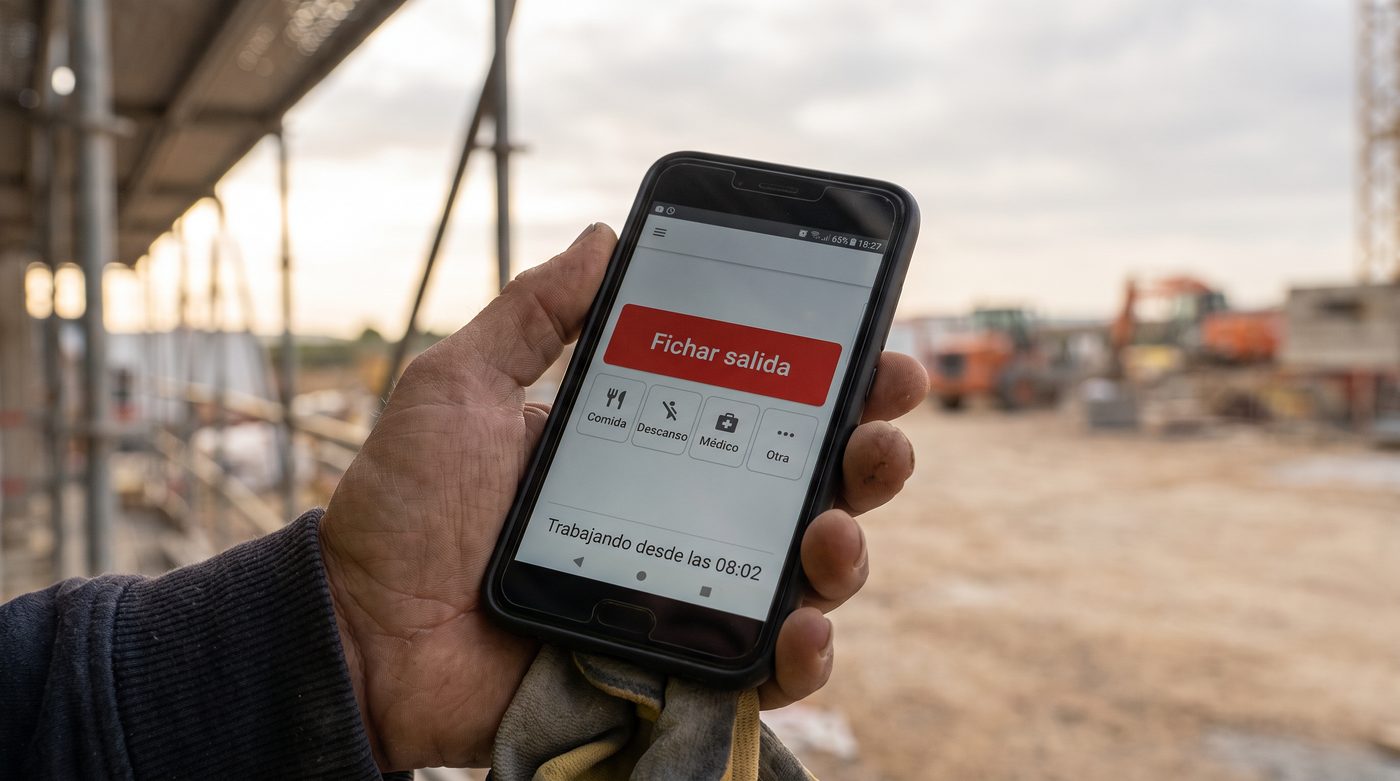 Móvil en una obra con la app de fichaje en español: fichar salida y pausas