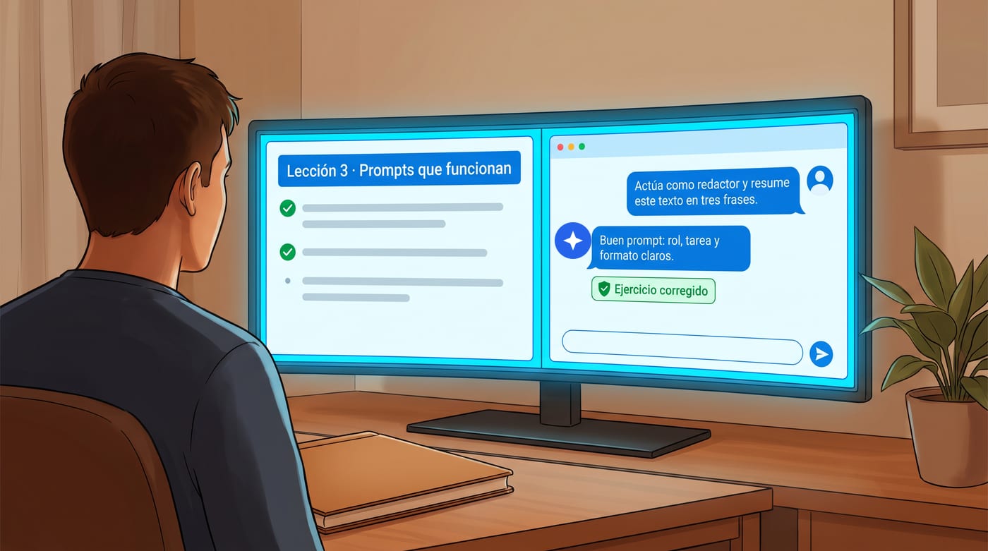 Alumno practicando un ejercicio del curso en un chat con IA que corrige la respuesta