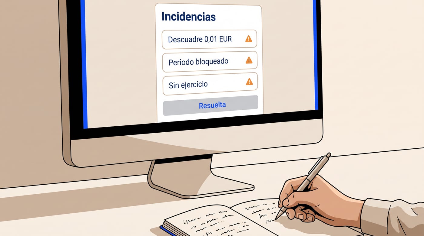 Bandeja de incidencias contables con descuadre, periodo bloqueado y fecha sin ejercicio