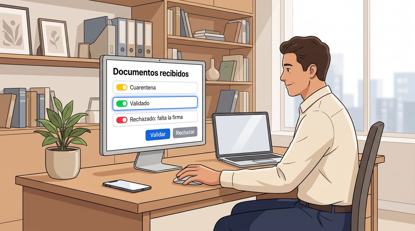 Asesor validando documentos recibidos en cuarentena, con validar y rechazar con motivo