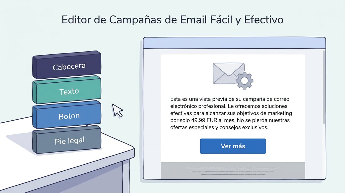 Editor de campanha com blocos à esquerda e a pré-visualização do e-mail com logótipo, texto e botão à direita