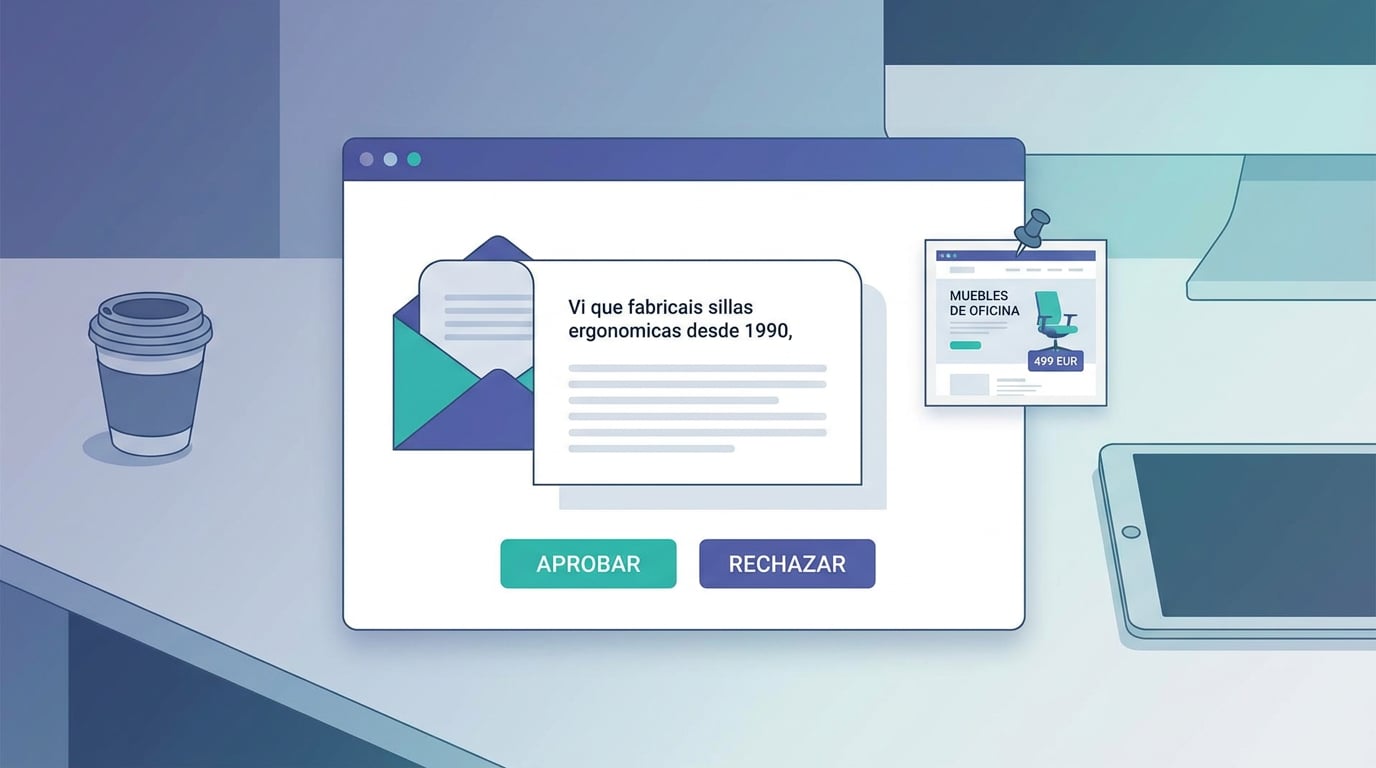 Approval inbox with a draft whose first line mentions a detail from the company's website, and the Approve and Reject buttons