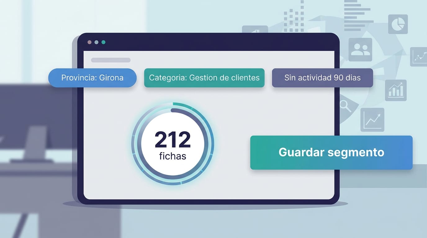 Constructor de segments del CRM amb filtres per etiqueta, província i categoria i un comptador en viu