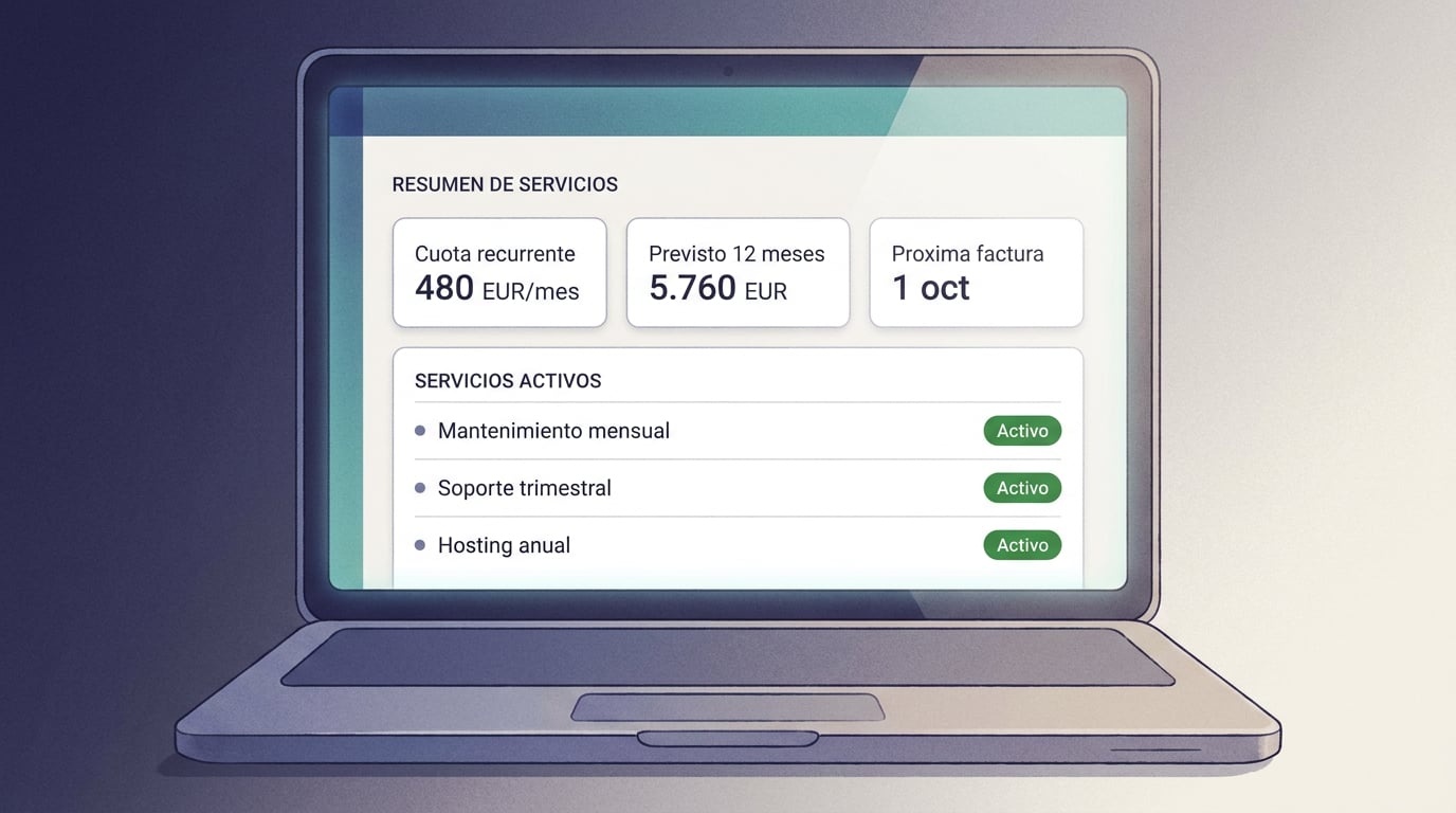 Fitxa de client de l'ERP amb la quota recurrent mensual, el previst a dotze mesos i la llista de serveis contractats amb el seu estat