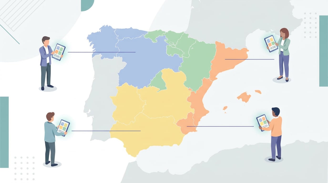 Mapa esquemático de España con zonas de colores, cada una conectada a un comercial distinto que ve solo las fichas de su zona en su portátil