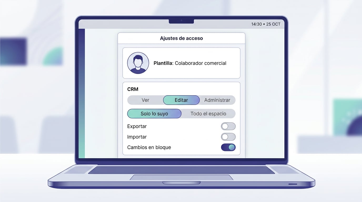 Panel de acceso de una persona en Empresas con la plantilla Colaborador comercial y la matriz del CRM con nivel Editar, alcance Solo lo suyo y acciones desactivadas