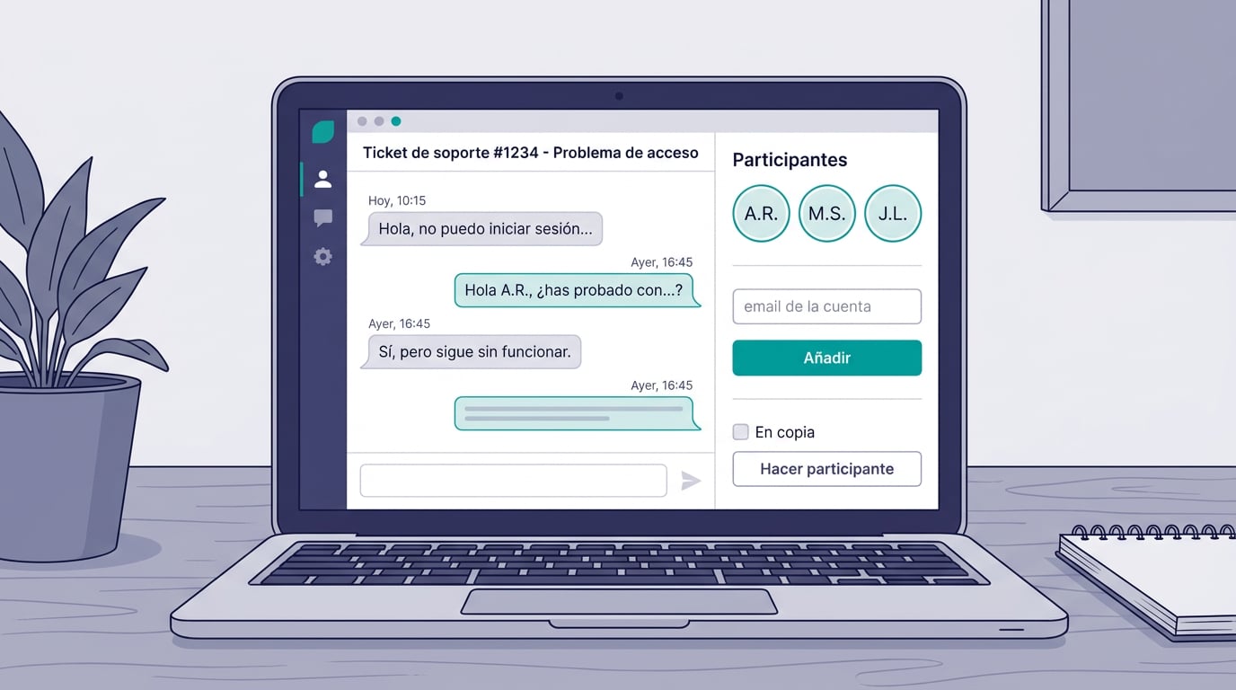 Support ticket on screen with the Participants block, three people added and a field to add someone else by email