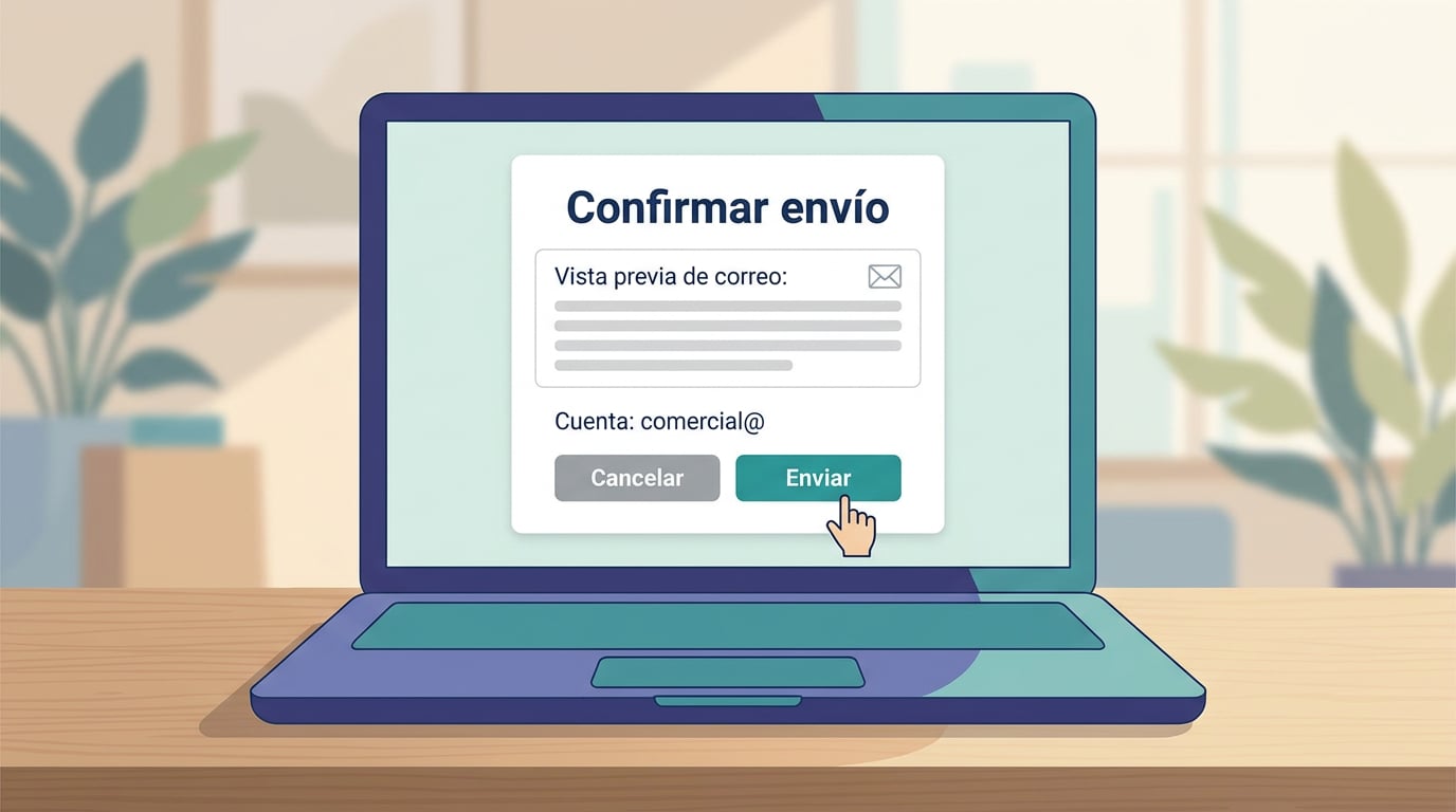 Confirmation card on a laptop screen with the summary of an email prepared by the AI and two buttons, Send and Cancel, and a hand about to click Send