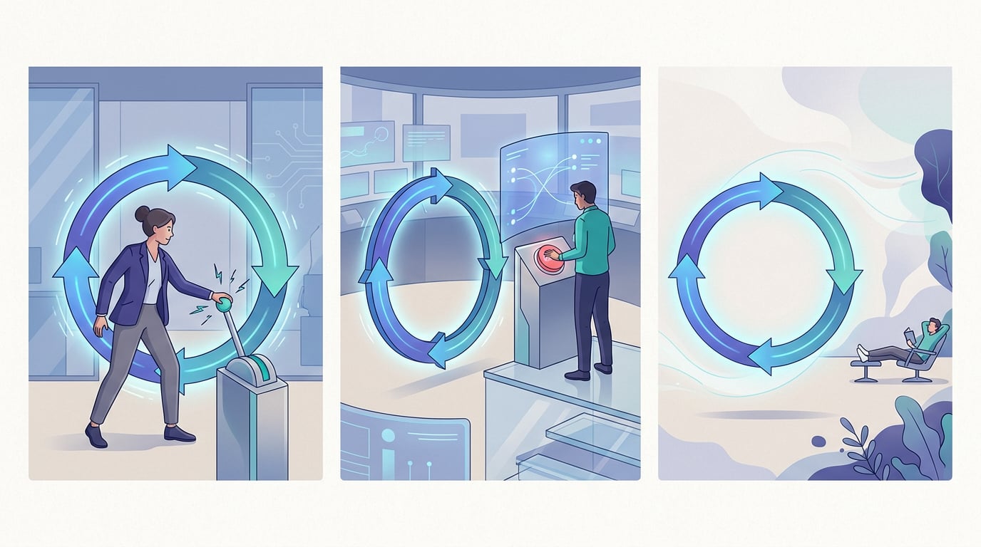 Three scenes of a person in relation to a glowing loop: inside the loop with their hand on the control, on top of the loop observing from a panel, and outside the loop far away while the system spins on its own
