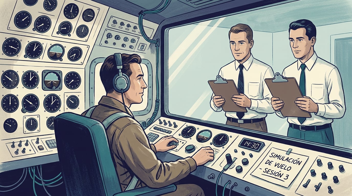 Vintage illustration of a pilot in a flight simulator from the 1960s, surrounded by analogue instruments, with engineers taking notes behind