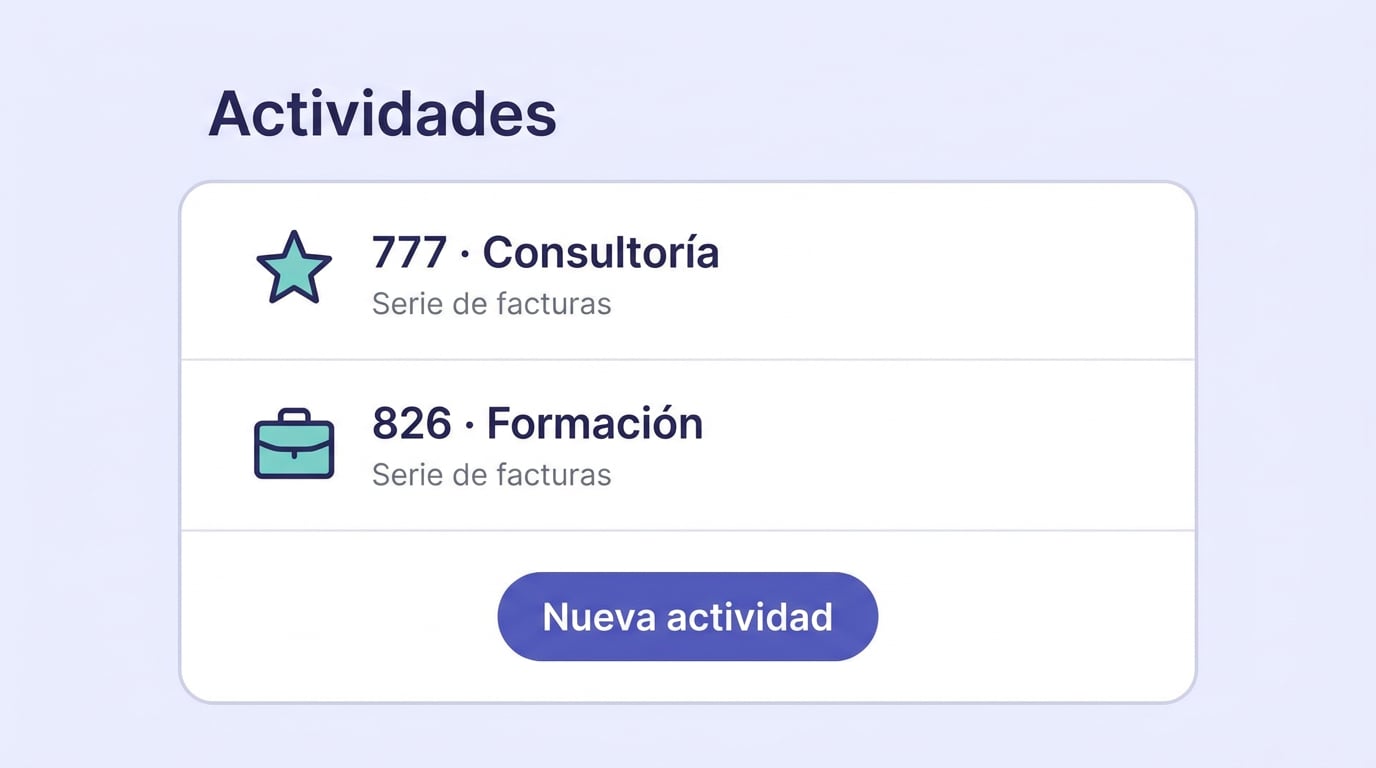 Company activities panel in the ERP with two activities, consultancy and training, each with its heading and invoice series, and the primary one marked with a star