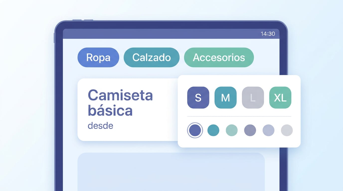 Pantalla tàctil d'un TPV amb xips de famílies a dalt, una targeta d'article amb preu des de i un selector de talla i color obert amb una talla exhaurida atenuada