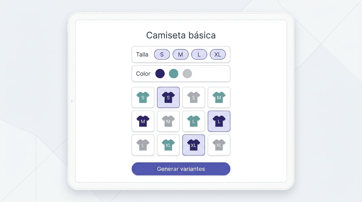 Fitxa d'un article de roba a l'ERP amb la matriu de variants per talla i color generada, cada combinació amb el seu SKU, el seu preu i el seu estoc