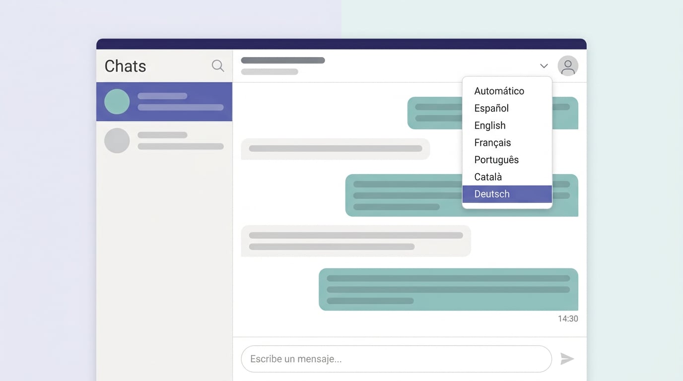 NAiOS chat screen with the three-dot menu open and the language selector showing Español, English, Français, Português, Català and Deutsch