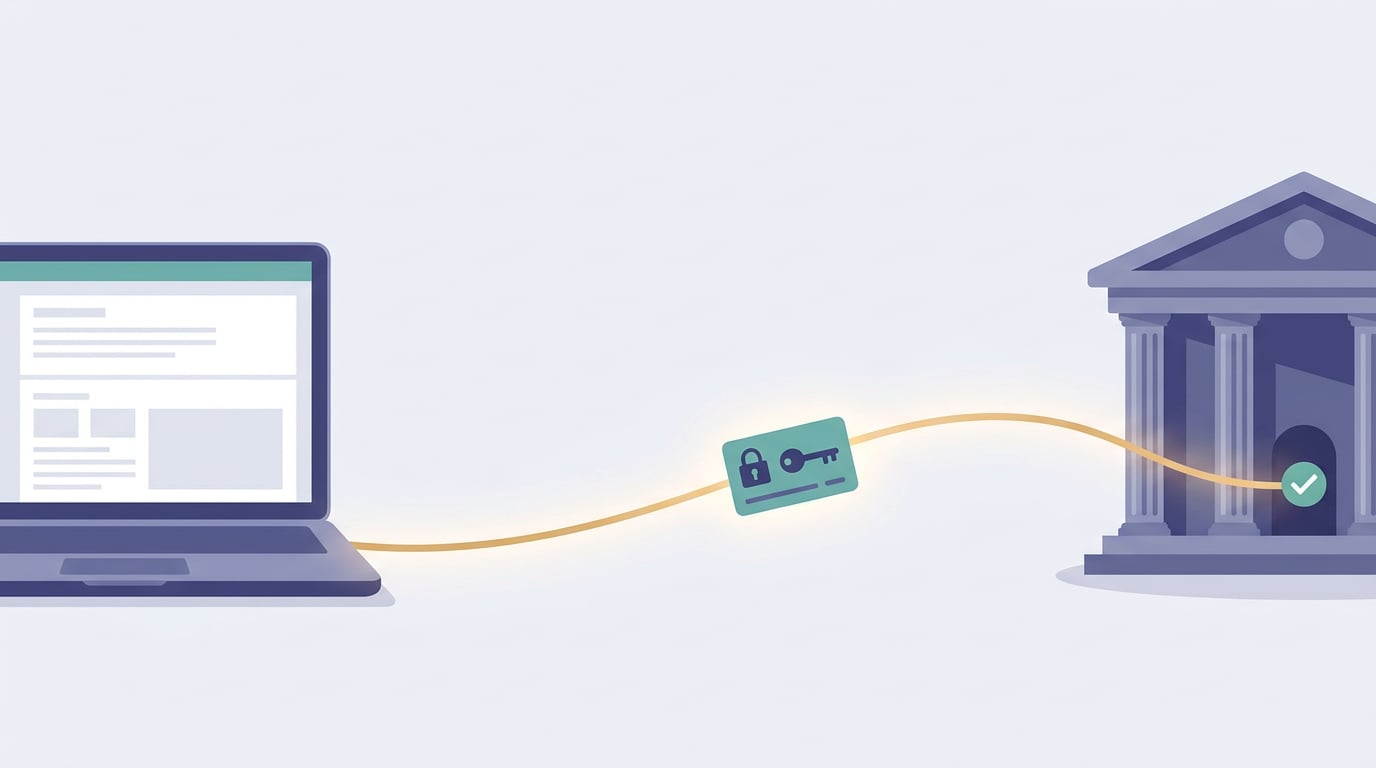 Un ordinateur portable connecté par une ligne lumineuse à un bâtiment institutionnel ; sur la ligne, une carte avec un cadenas représentant le certificat digital, et une coche de validation à l'arrivée