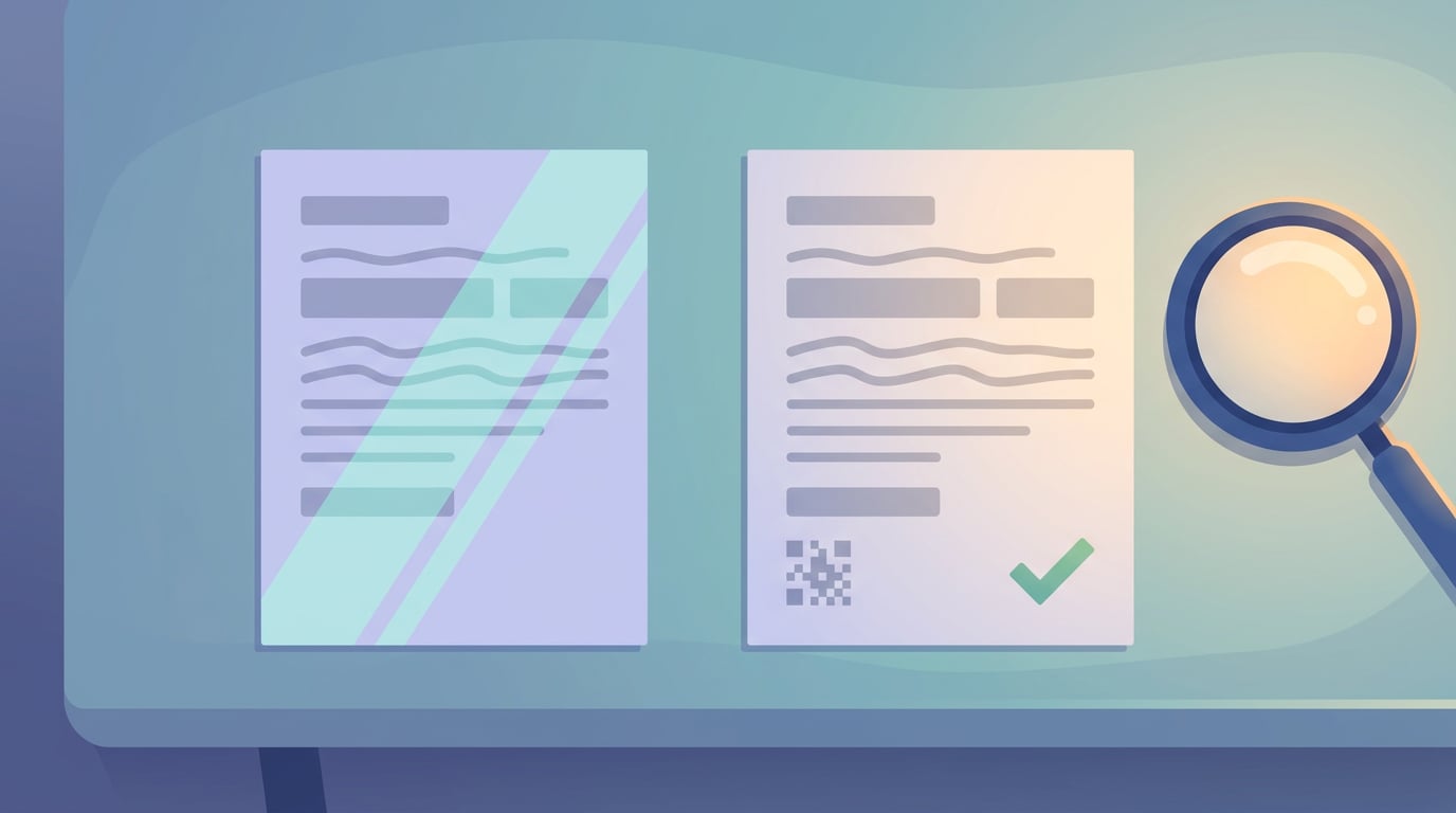 Deux documents : un brouillon avec une bande diagonale translucide et la version émise avec un petit code QR et une coche de validation