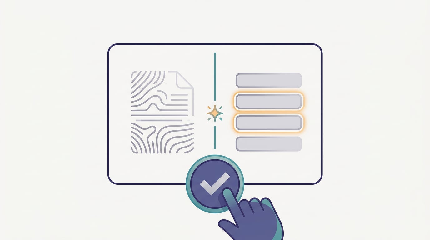A split window: on the left a document, on the right a short form with two highlighted fields and a hand over a confirm button