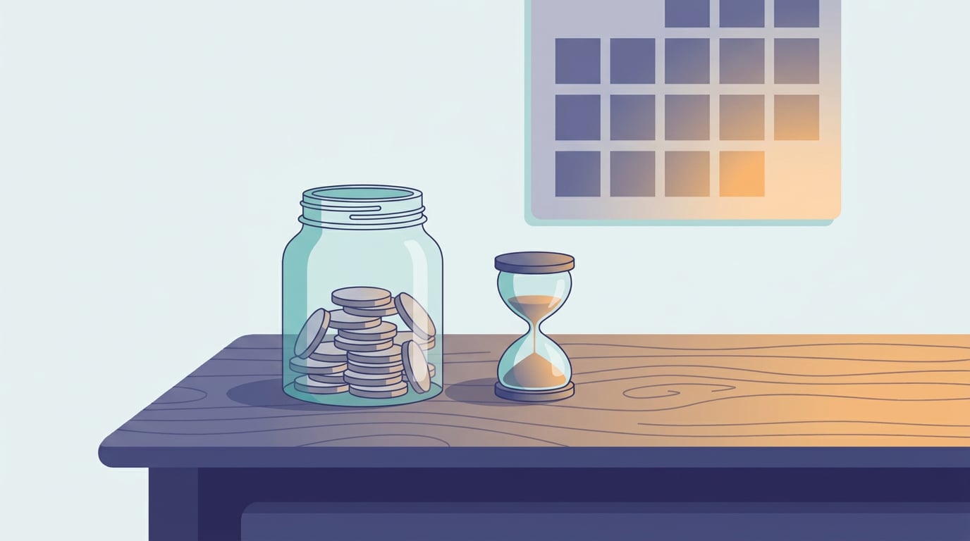 Un tarro de cristal con monedas junto a un reloj de arena casi agotado y un calendario de pared con el último mes marcado