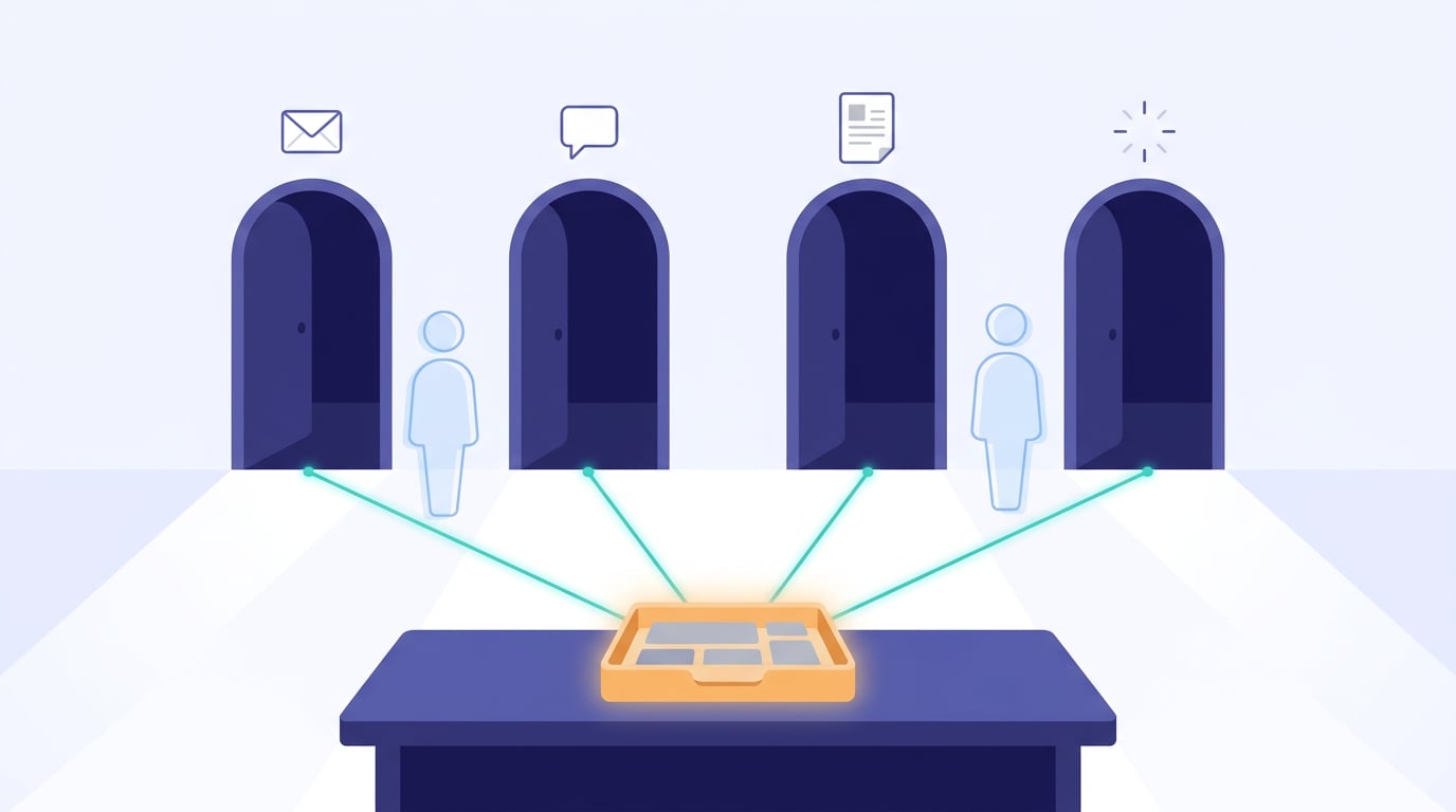 Four paths of light crossing four open doors and converging into a single inbox on a desk