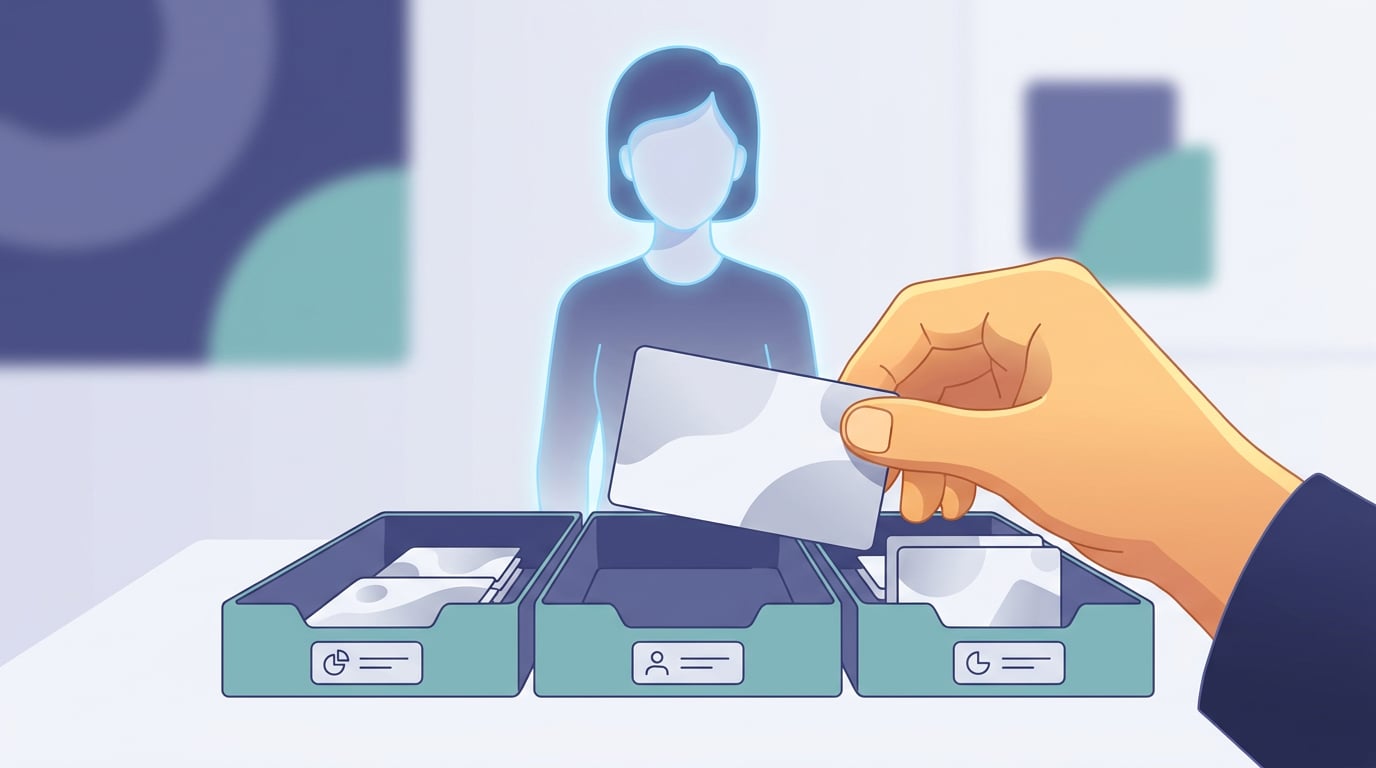 A translucent figure sorts cards into trays while a person's hand, in the foreground, holds the last card before placing it