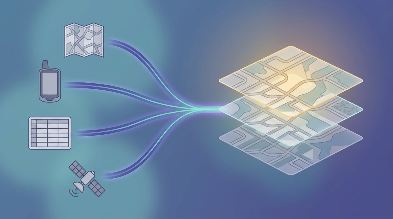 Un mapa de papel pregado, un GPS de man, unha folla de cálculo e unha imaxe de satélite flúen como cintas de luz cara a un único mapa de capas apiladas