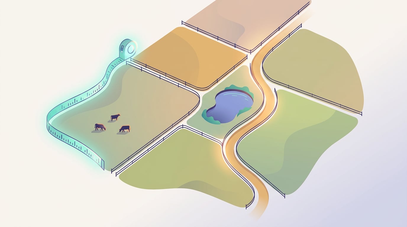 Vista aérea ilustrada de varios potreiros delimitados por alambrados, cunha cinta métrica luminosa que percorre o bordo dun deles e siluetas de gando pastando