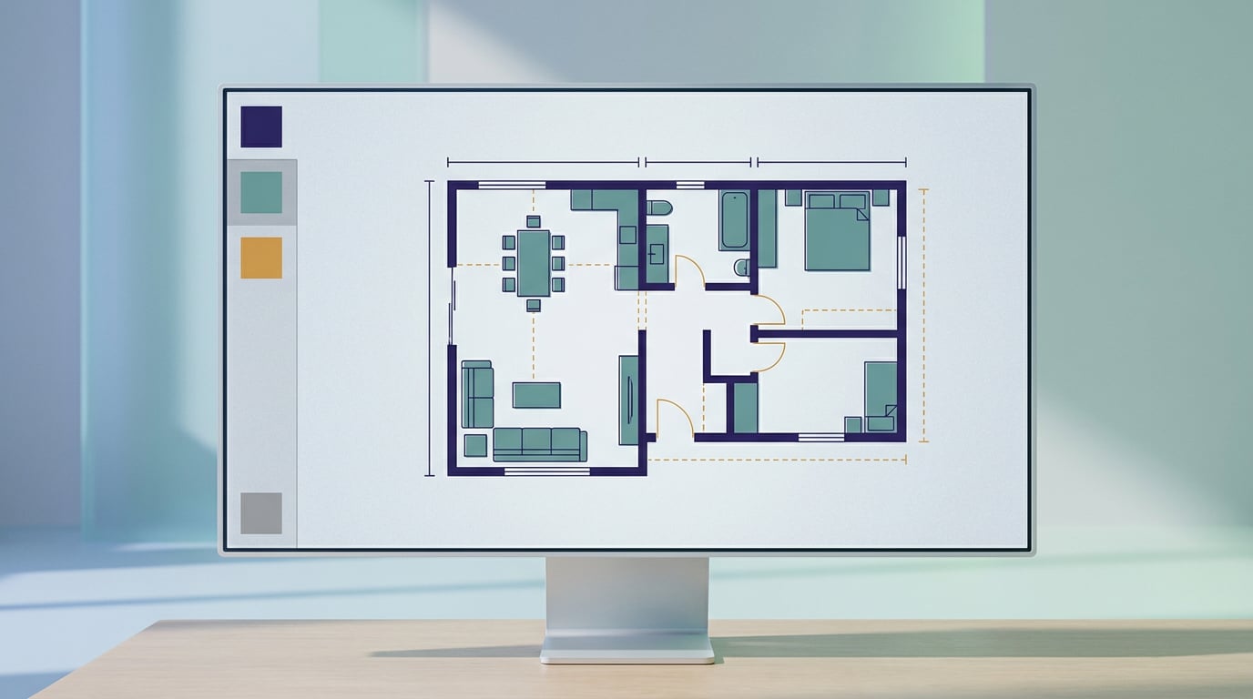 Un plano de planta dunha vivenda sobre unha pantalla, cun panel lateral de capas de cores e algunhas apagadas