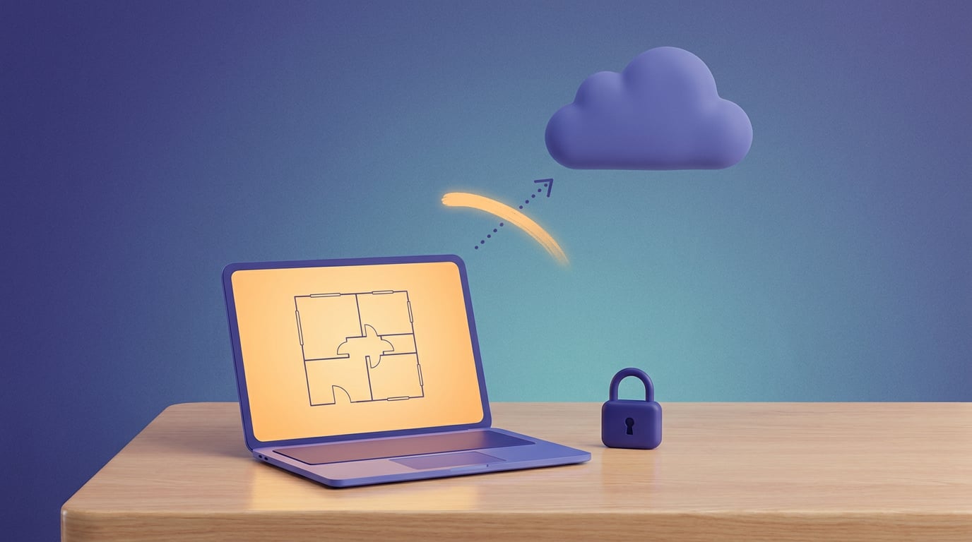 Un portátil cun plano en pantalla e un candado pechado ao seu lado; ningunha frecha sae do portátil cara á nube