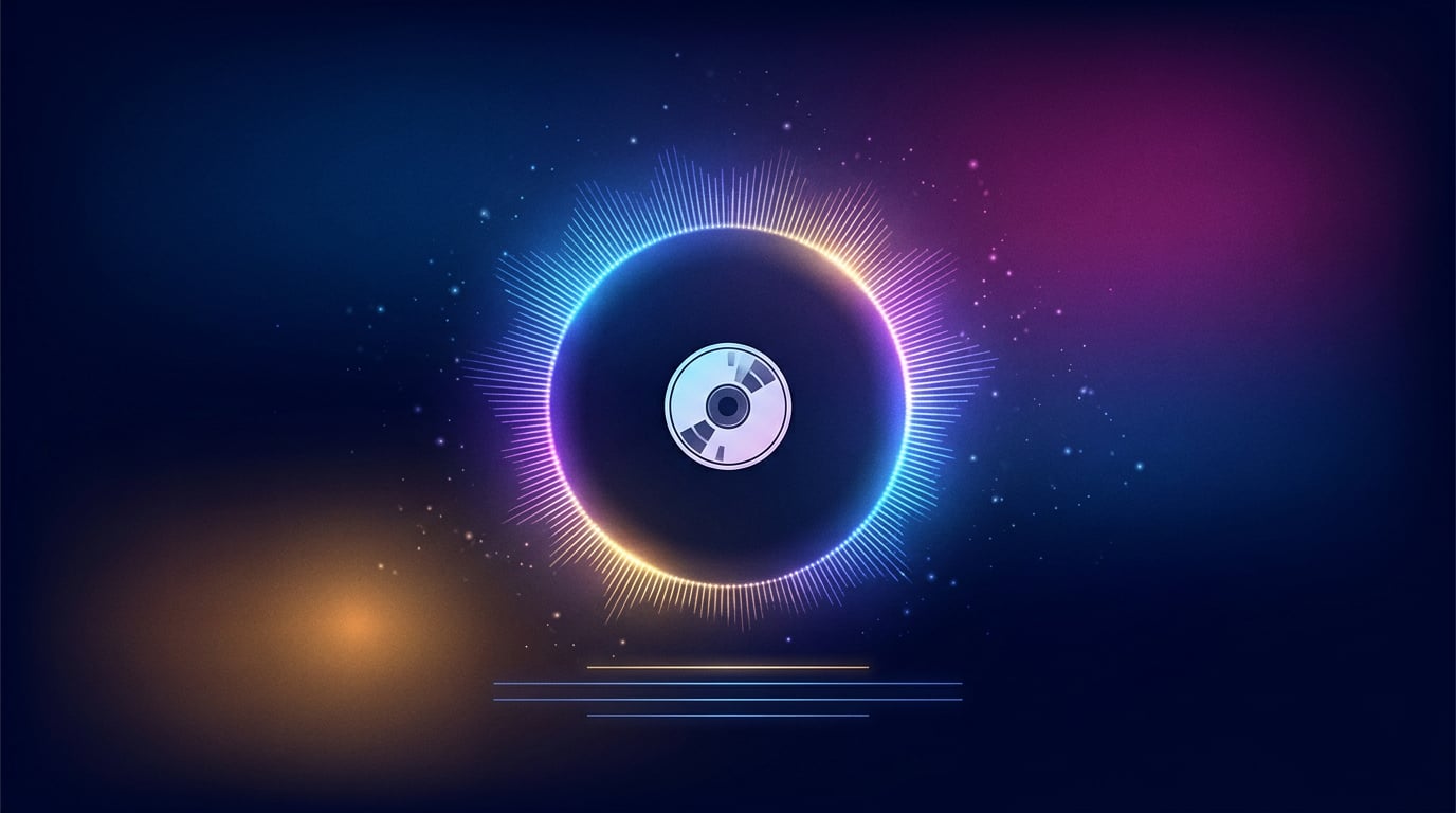 Un anillo luminoso de ondas de sonido sobre fondo oscuro, con una pequeña portada de disco en el centro y destellos azules, magenta y ámbar