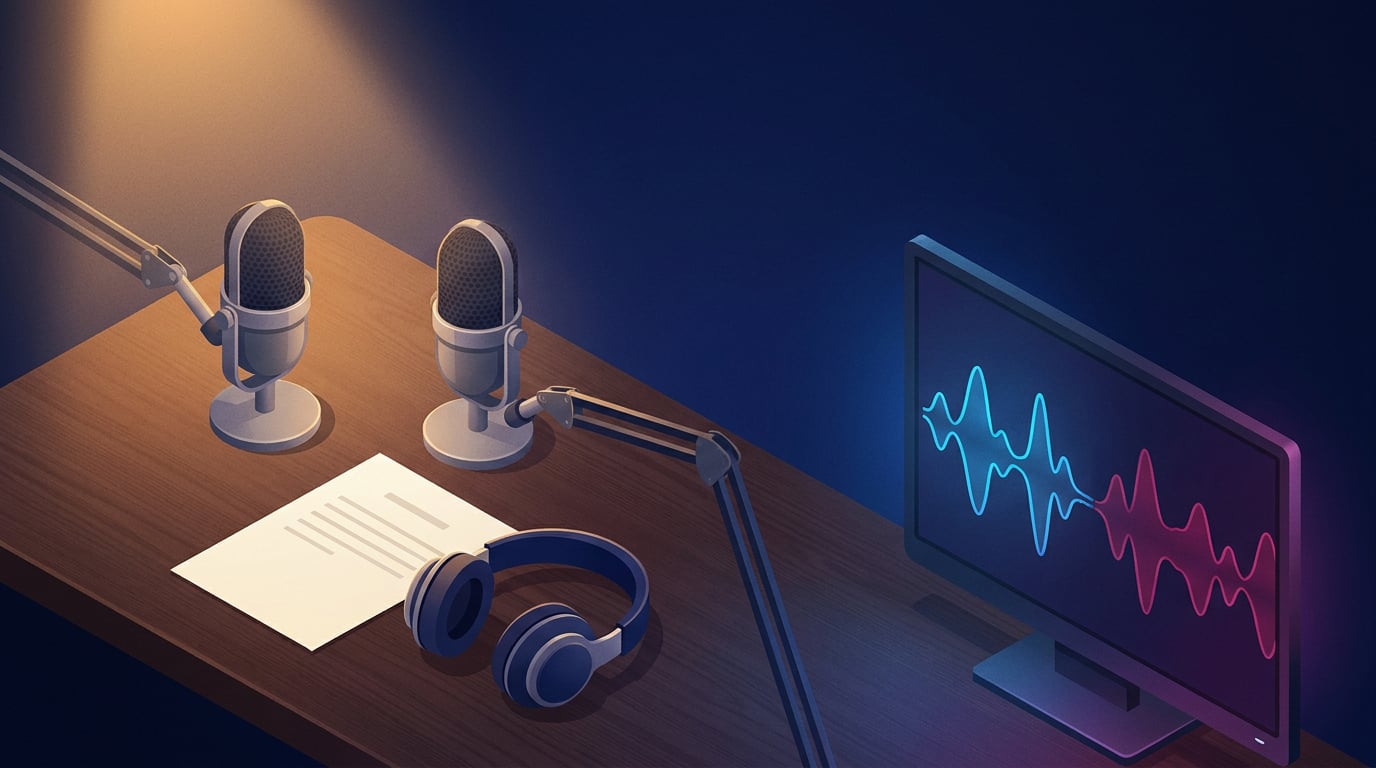 Una mesa de estudio de radio con dos micrófonos encendidos, una hoja de guion y una pantalla con ondas de sonido en azul y magenta