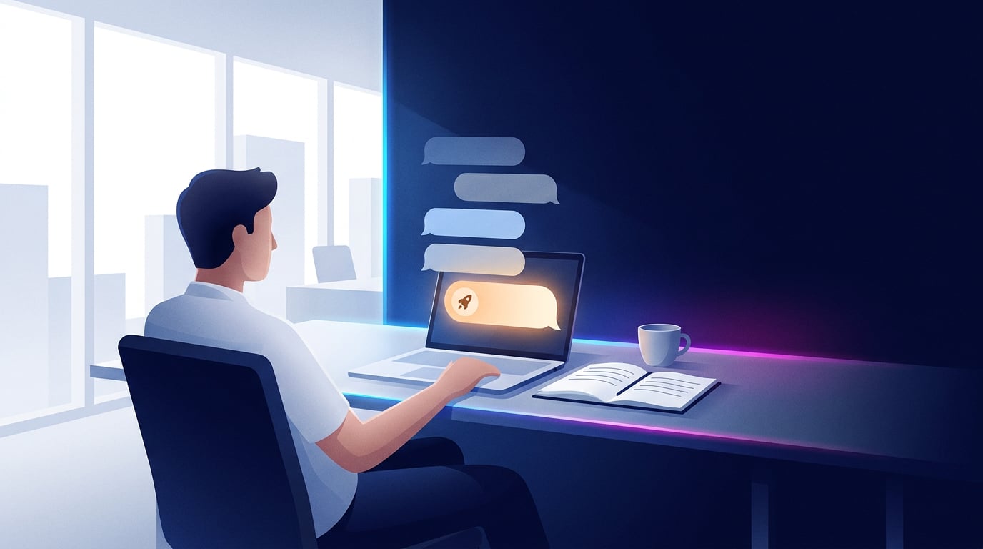 Uma pessoa trabalha com um portátil num escritório luminoso; no ecrã, um chat com bolhas e a última iluminada com um pequeno foguetão