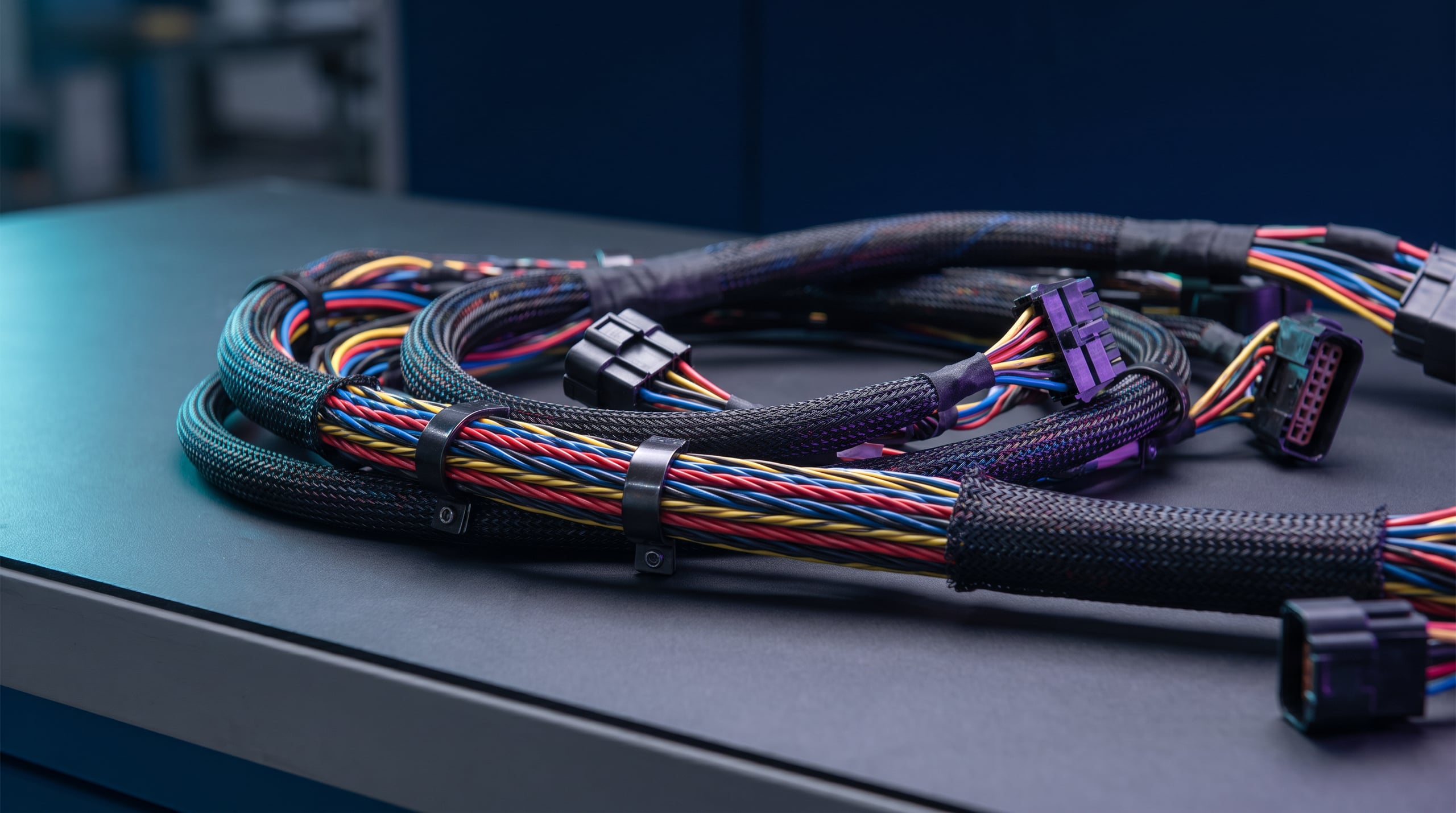 Feix de cables d'automoció trenat, amb connectors i brides, sobre un banc de treball fosc