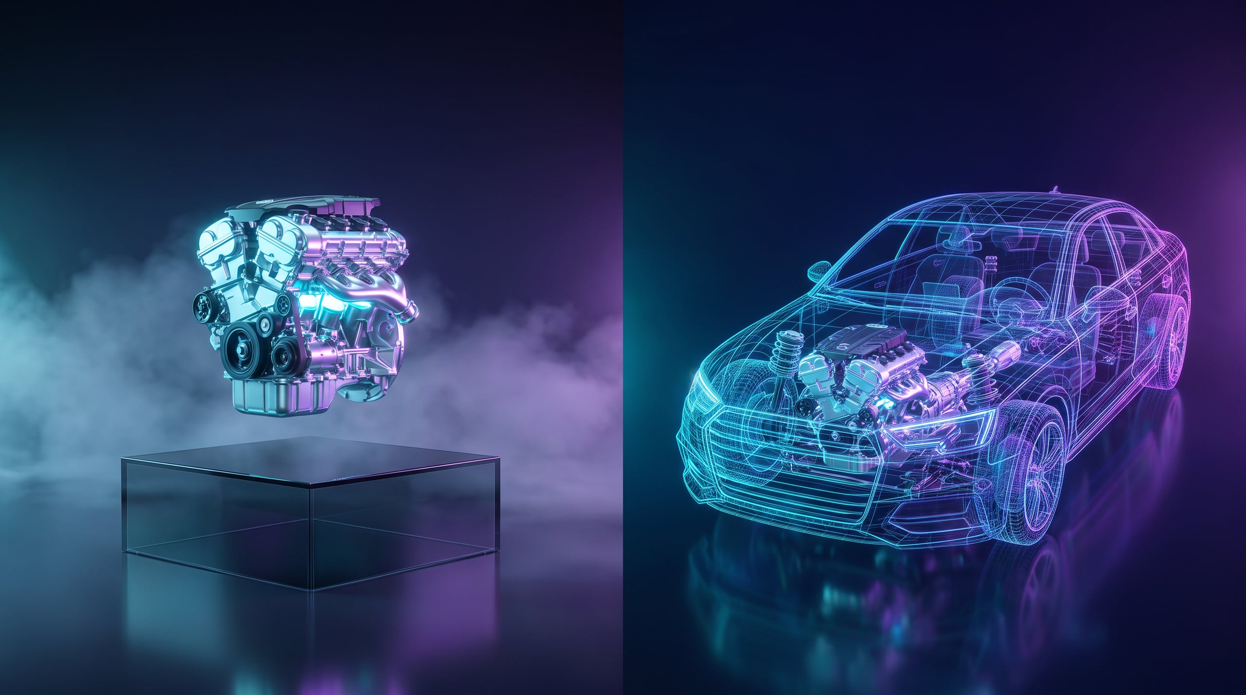 Un motor aislado junto al mismo motor montado dentro del chasis transparente de un coche, con transmisión, frenos, mazo de cables y cuadro de mandos visibles