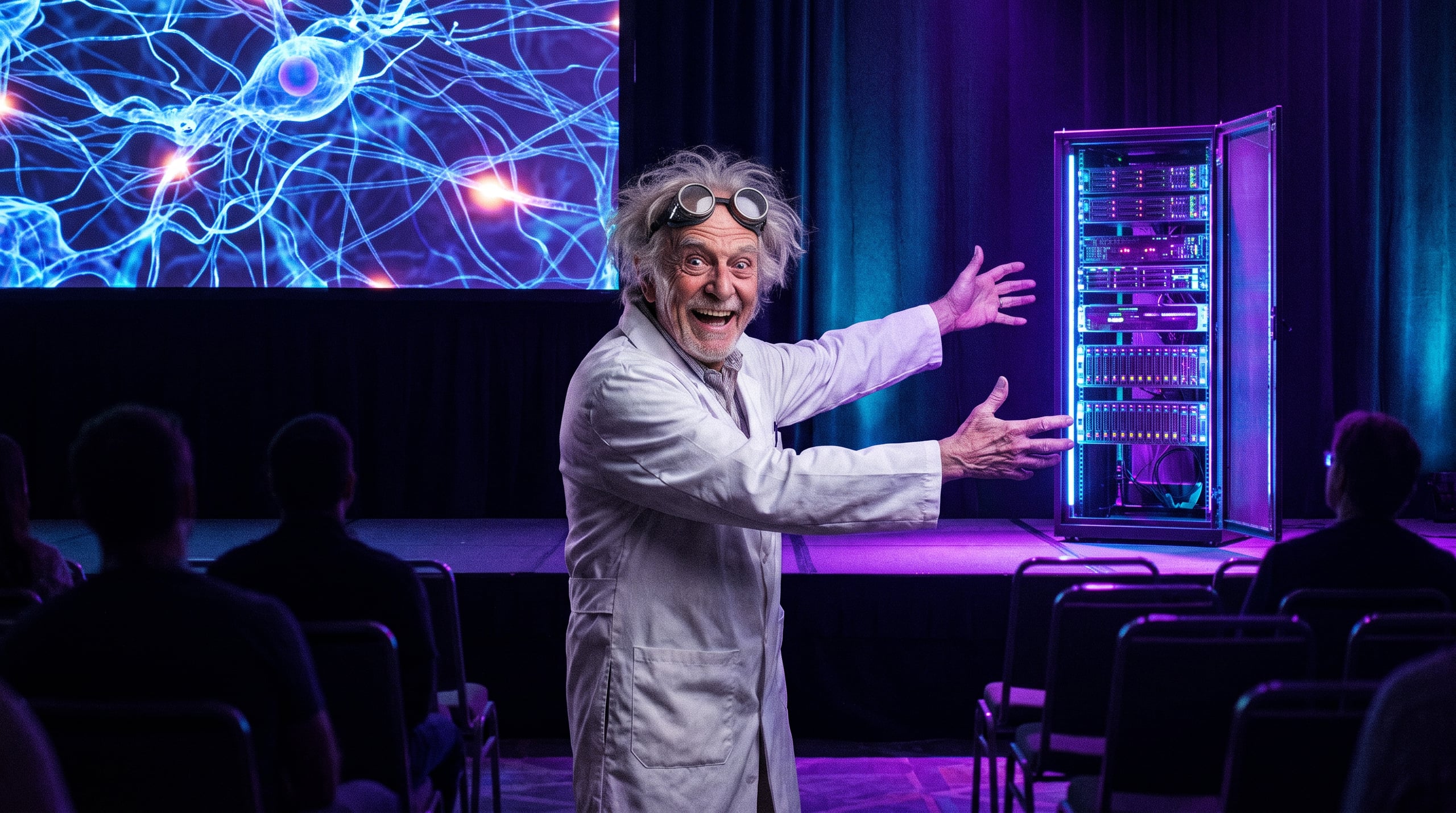 Científico eufórico presentando un rack de NPUs en el mini auditorio de NAiOS Labs